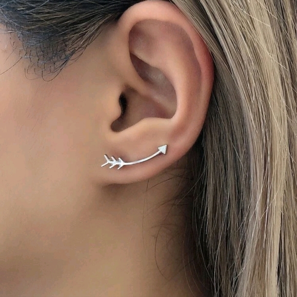 Jewelry - Curved Arrow Pierced Ear Climber Earrings, silver tone
